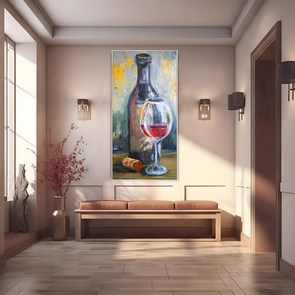 Tablou Canvas Pictura cu Sticla de Vin si Pahar, Gri si Maro, N1015